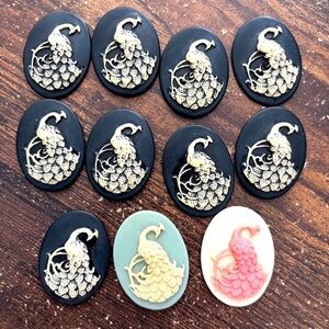 10 Various Peacock Hard Resin Cameos, Approx 3cm x 4cm